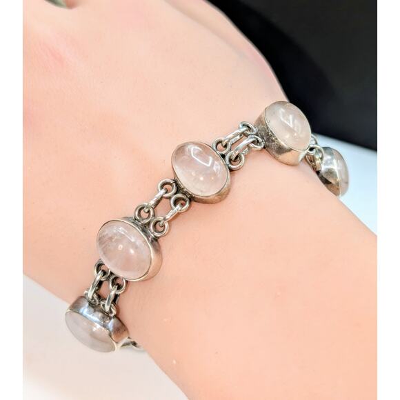 Vintage 925 Sterling Silver Rose Quartz Toggle Clasp Bracelet - Picture 1 of 12